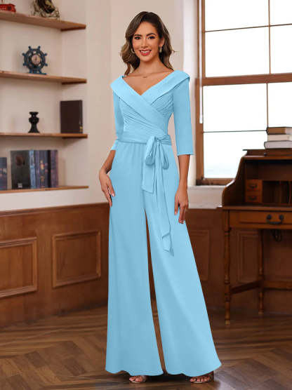 V-Neck Chiffon Jumpsuit with Ruched Detail and 3/4 Sleeves for the Mother