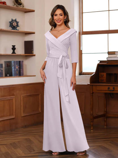 V-Neck Chiffon Jumpsuit with Ruched Detail and 3/4 Sleeves for the Mother