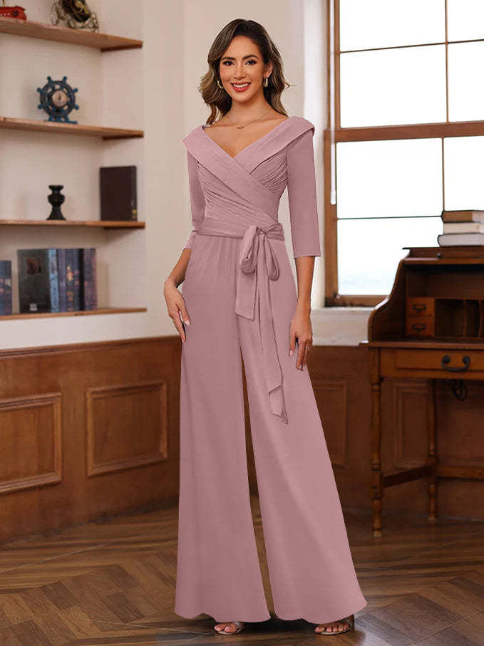 V-Neck Chiffon Jumpsuit with Ruched Detail and 3/4 Sleeves for the Mother