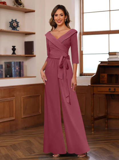 V-Neck Chiffon Jumpsuit with Ruched Detail and 3/4 Sleeves for the Mother