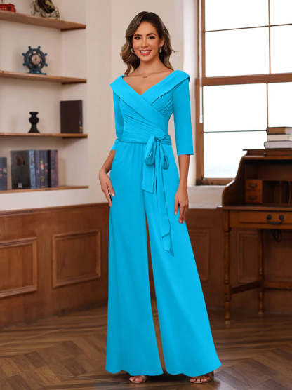 V-Neck Chiffon Jumpsuit with Ruched Detail and 3/4 Sleeves for the Mother