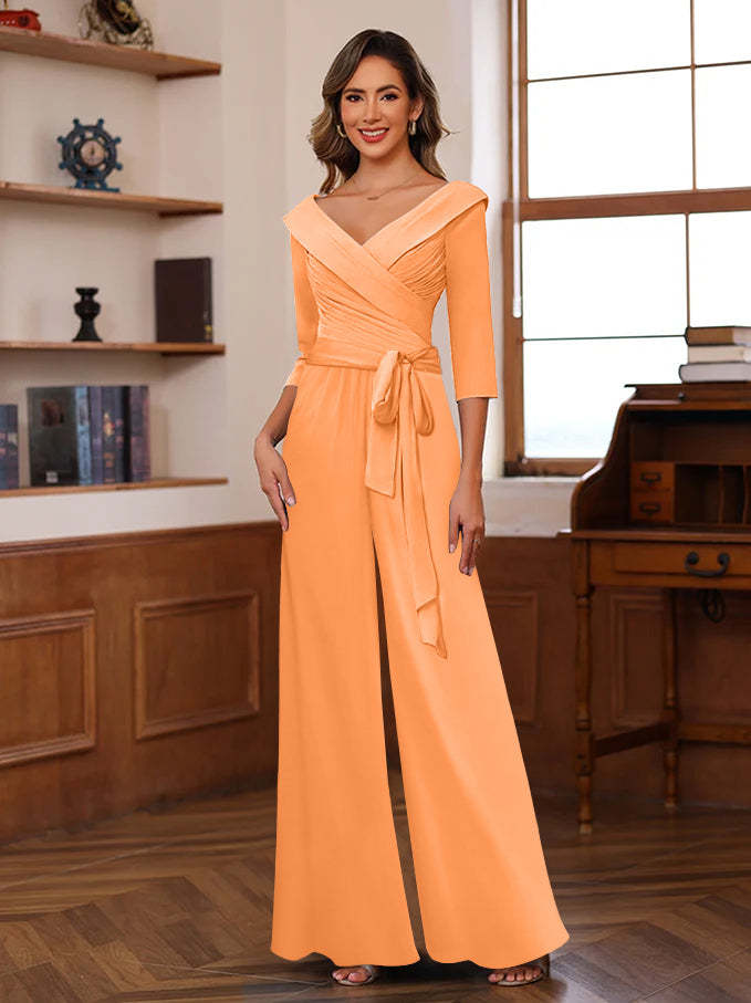 V-Neck Chiffon Jumpsuit with Ruched Detail and 3/4 Sleeves for the Mother