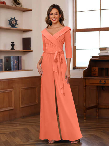V-Neck Chiffon Jumpsuit with Ruched Detail and 3/4 Sleeves for the Mother