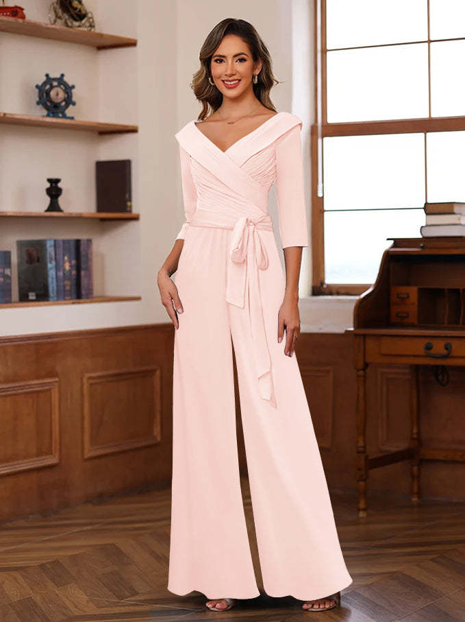 V-Neck Chiffon Jumpsuit with Ruched Detail and 3/4 Sleeves for the Mother