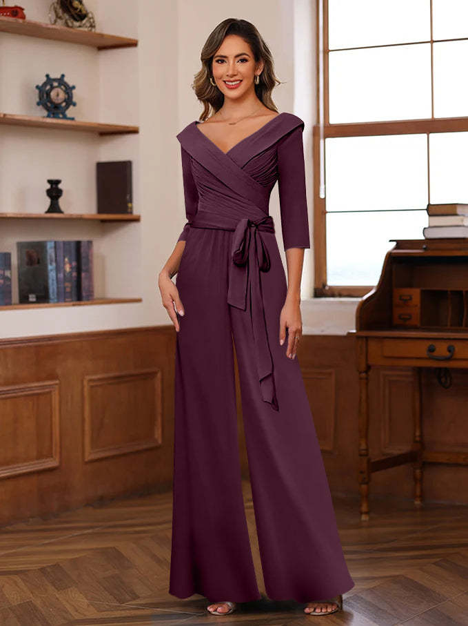 V-Neck Chiffon Jumpsuit with Ruched Detail and 3/4 Sleeves for the Mother