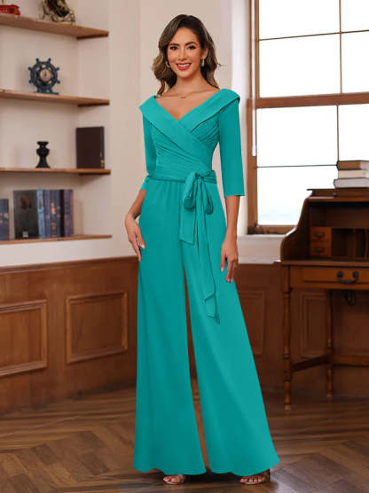 V-Neck Chiffon Jumpsuit with Ruched Detail and 3/4 Sleeves for the Mother