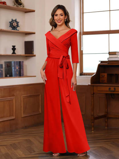 V-Neck Chiffon Jumpsuit with Ruched Detail and 3/4 Sleeves for the Mother