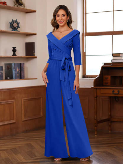 V-Neck Chiffon Jumpsuit with Ruched Detail and 3/4 Sleeves for the Mother