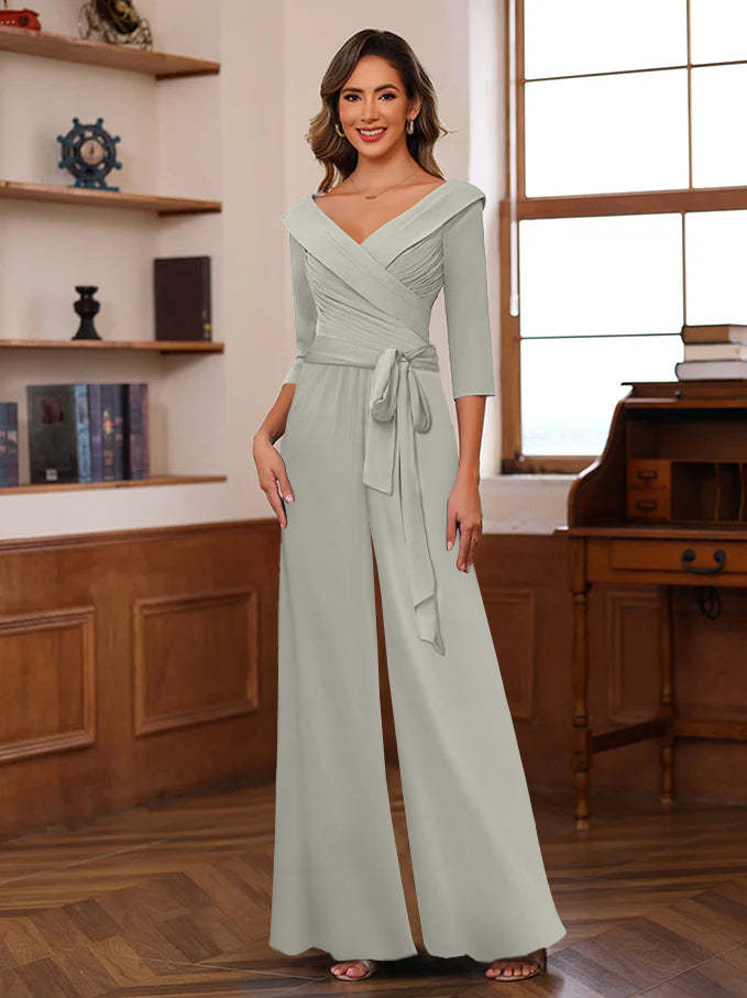 V-Neck Chiffon Jumpsuit with Ruched Detail and 3/4 Sleeves for the Mother