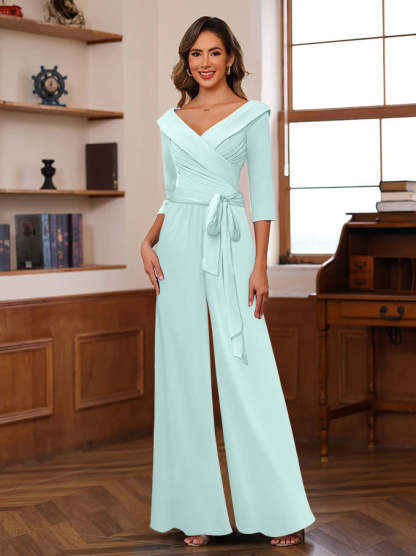 V-Neck Chiffon Jumpsuit with Ruched Detail and 3/4 Sleeves for the Mother