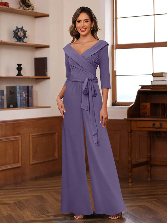 V-Neck Chiffon Jumpsuit with Ruched Detail and 3/4 Sleeves for the Mother