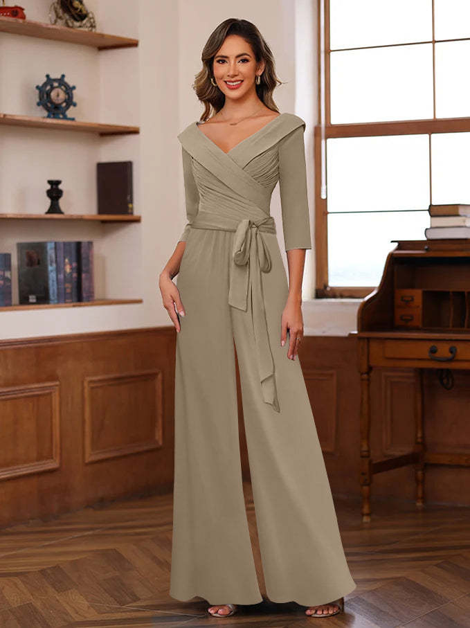 V-Neck Chiffon Jumpsuit with Ruched Detail and 3/4 Sleeves for the Mother