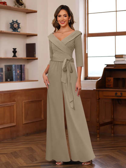 V-Neck Chiffon Jumpsuit with Ruched Detail and 3/4 Sleeves for the Mother