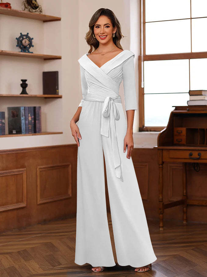 V-Neck Chiffon Jumpsuit with Ruched Detail and 3/4 Sleeves for the Mother