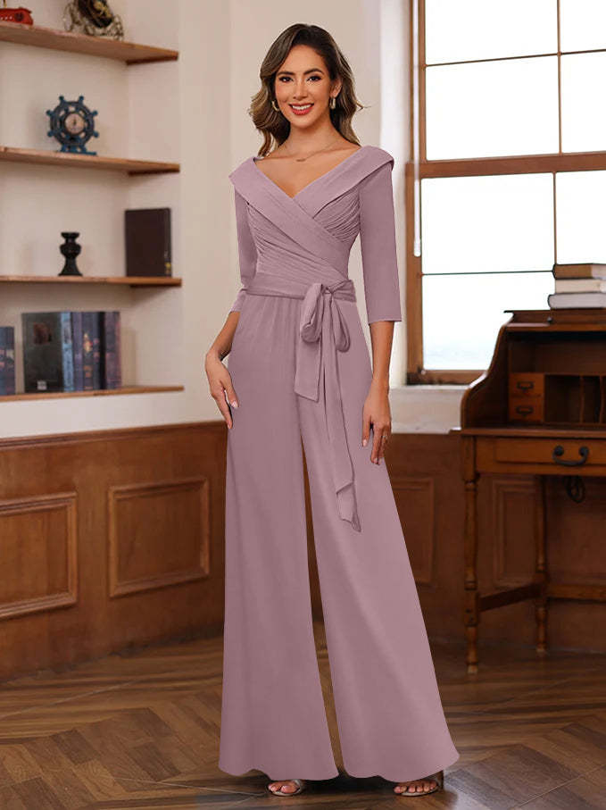 V-Neck Chiffon Jumpsuit with Ruched Detail and 3/4 Sleeves for the Mother