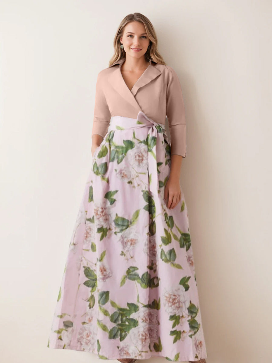 V-Neck Floral Print Mother of the Bride Dress with Bow Belt A-Line/Princess Cut and 3/4 Sleeves-BMbridal