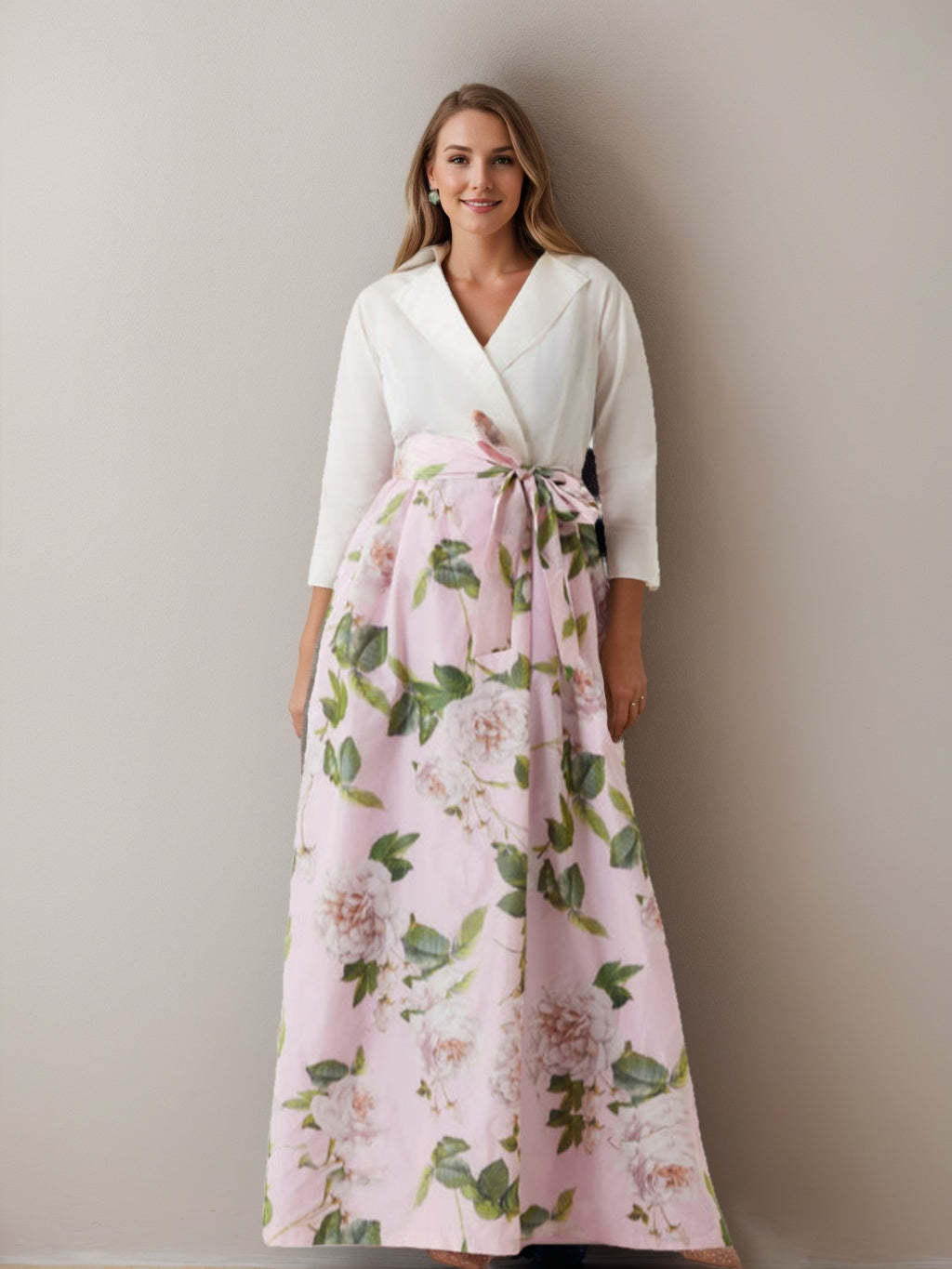 V-Neck Floral Print Mother of the Bride Dress with Bow Belt A-Line/Princess Cut and 3/4 Sleeves-BMbridal