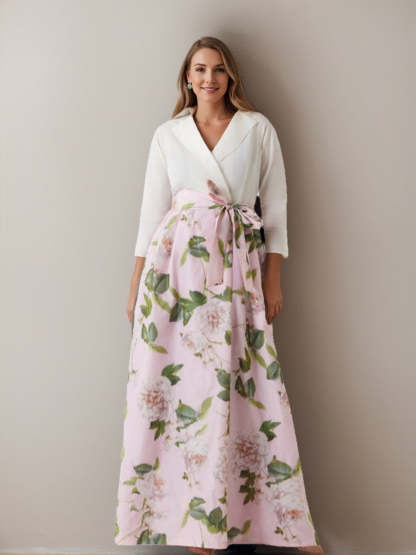 V-Neck Floral Print Mother of the Bride Dress with Bow Belt A-Line/Princess Cut and 3/4 Sleeves-BMbridal