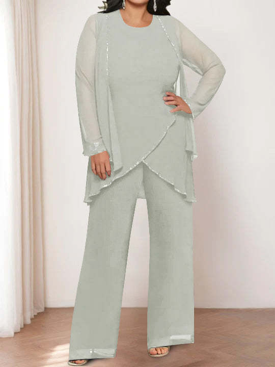 Round Neck Chiffon Pantsuits with Jacket for the Mother of the Bride