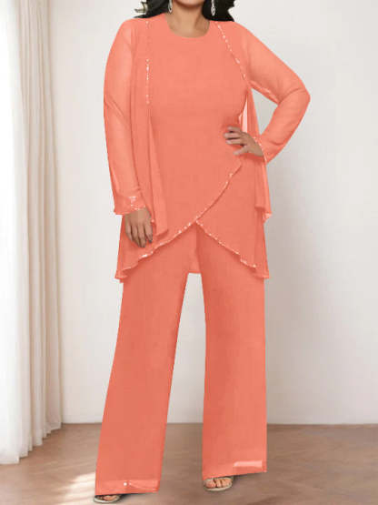Round Neck Chiffon Pantsuits with Jacket for the Mother of the Bride
