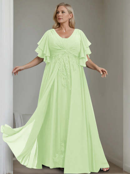 Unique Plus Size V-Neck A-Line Princess Floor-Length Mother of the Bride Dress with Sequins and Half Sleeve Ruffles-BMbridal.UK