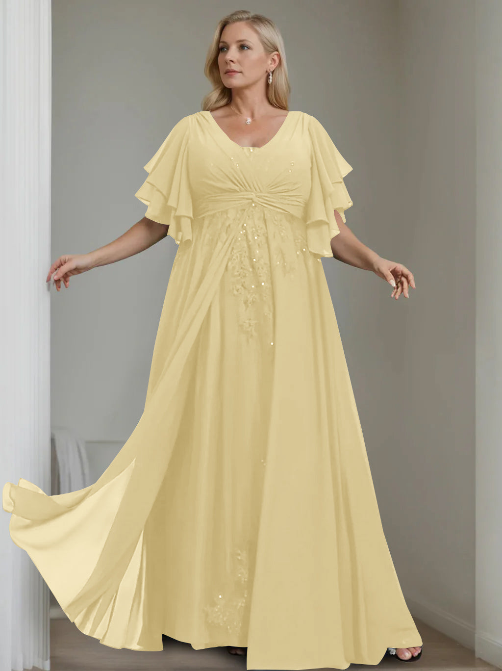 Unique Plus Size V-Neck A-Line Princess Floor-Length Mother of the Bride Dress with Sequins and Half Sleeve Ruffles-BMbridal.UK