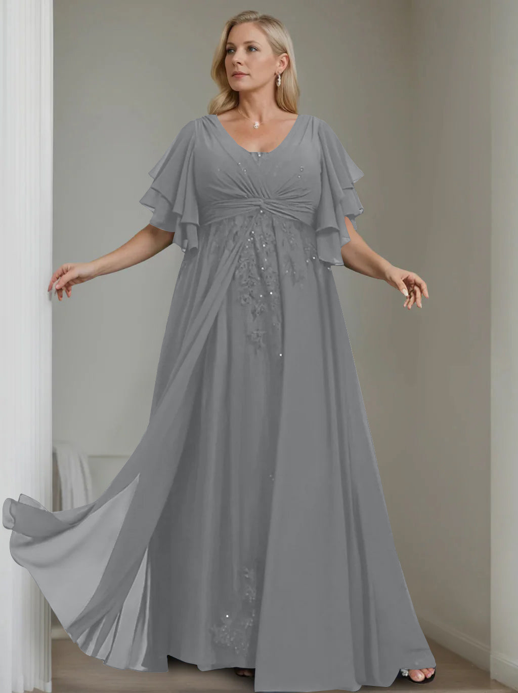 Unique Plus Size V-Neck A-Line Princess Floor-Length Mother of the Bride Dress with Sequins and Half Sleeve Ruffles-BMbridal.UK