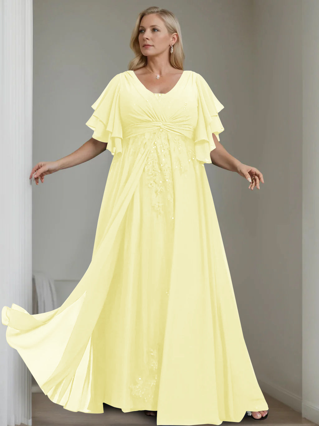 Unique Plus Size V-Neck A-Line Princess Floor-Length Mother of the Bride Dress with Sequins and Half Sleeve Ruffles-BMbridal.UK