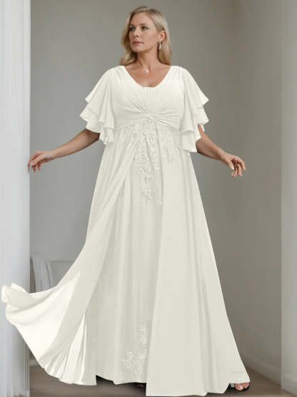 Unique Plus Size V-Neck A-Line Princess Floor-Length Mother of the Bride Dress with Sequins and Half Sleeve Ruffles-BMbridal.UK