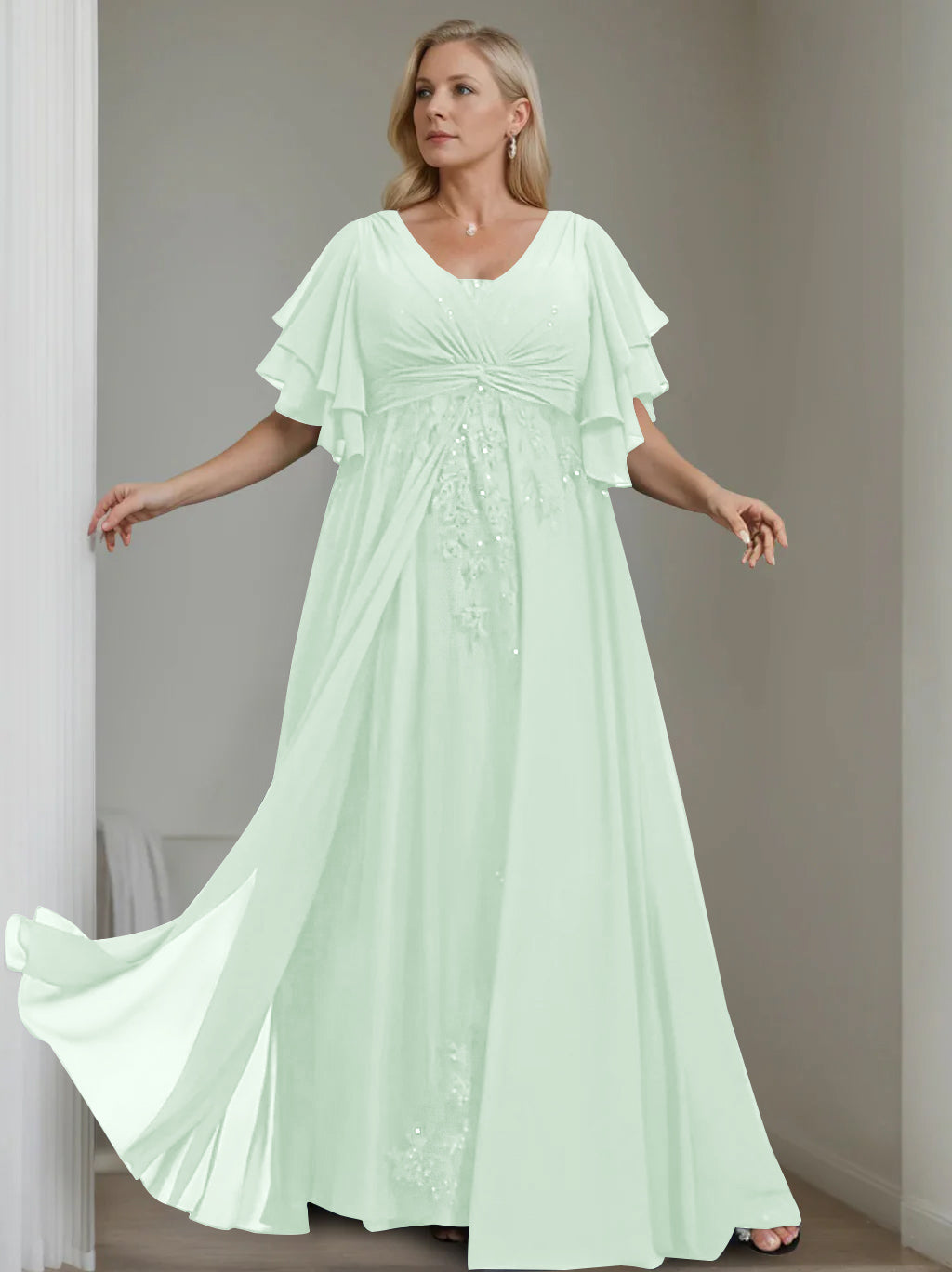 Unique Plus Size V-Neck A-Line Princess Floor-Length Mother of the Bride Dress with Sequins and Half Sleeve Ruffles-BMbridal.UK