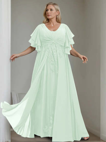 Unique Plus Size V-Neck A-Line Princess Floor-Length Mother of the Bride Dress with Sequins and Half Sleeve Ruffles-BMbridal.UK