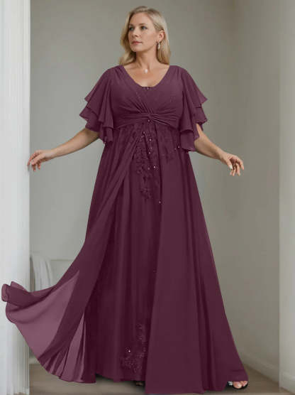Unique Plus Size V-Neck A-Line Princess Floor-Length Mother of the Bride Dress with Sequins and Half Sleeve Ruffles-BMbridal.UK