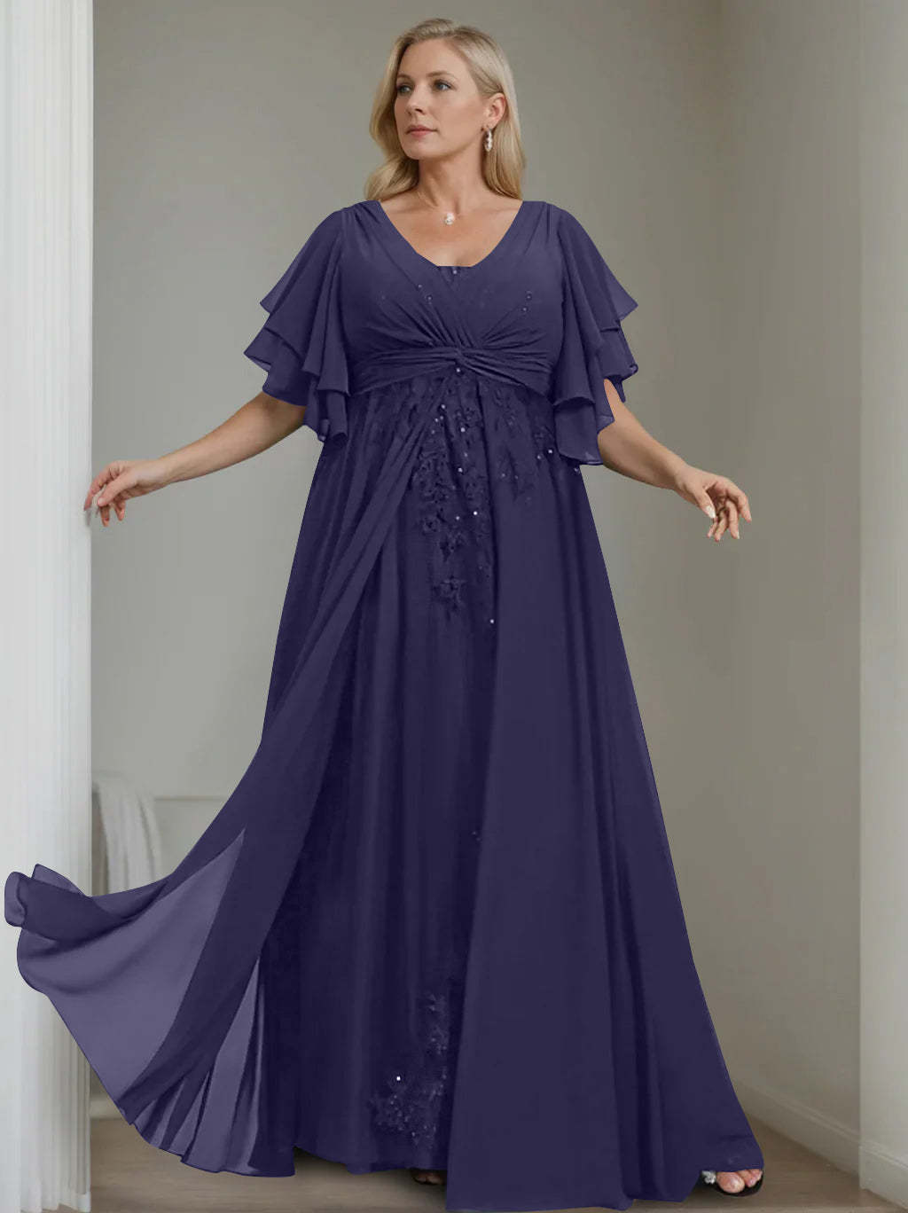 Unique Plus Size V-Neck A-Line Princess Floor-Length Mother of the Bride Dress with Sequins and Half Sleeve Ruffles-BMbridal.UK