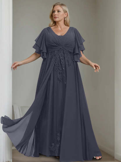 Unique Plus Size V-Neck A-Line Princess Floor-Length Mother of the Bride Dress with Sequins and Half Sleeve Ruffles-BMbridal.UK
