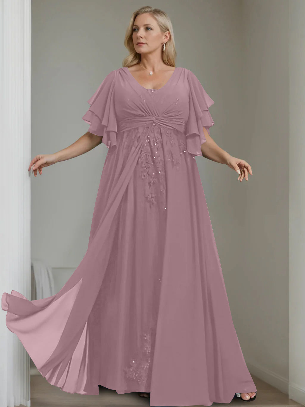 Unique Plus Size V-Neck A-Line Princess Floor-Length Mother of the Bride Dress with Sequins and Half Sleeve Ruffles-BMbridal.UK