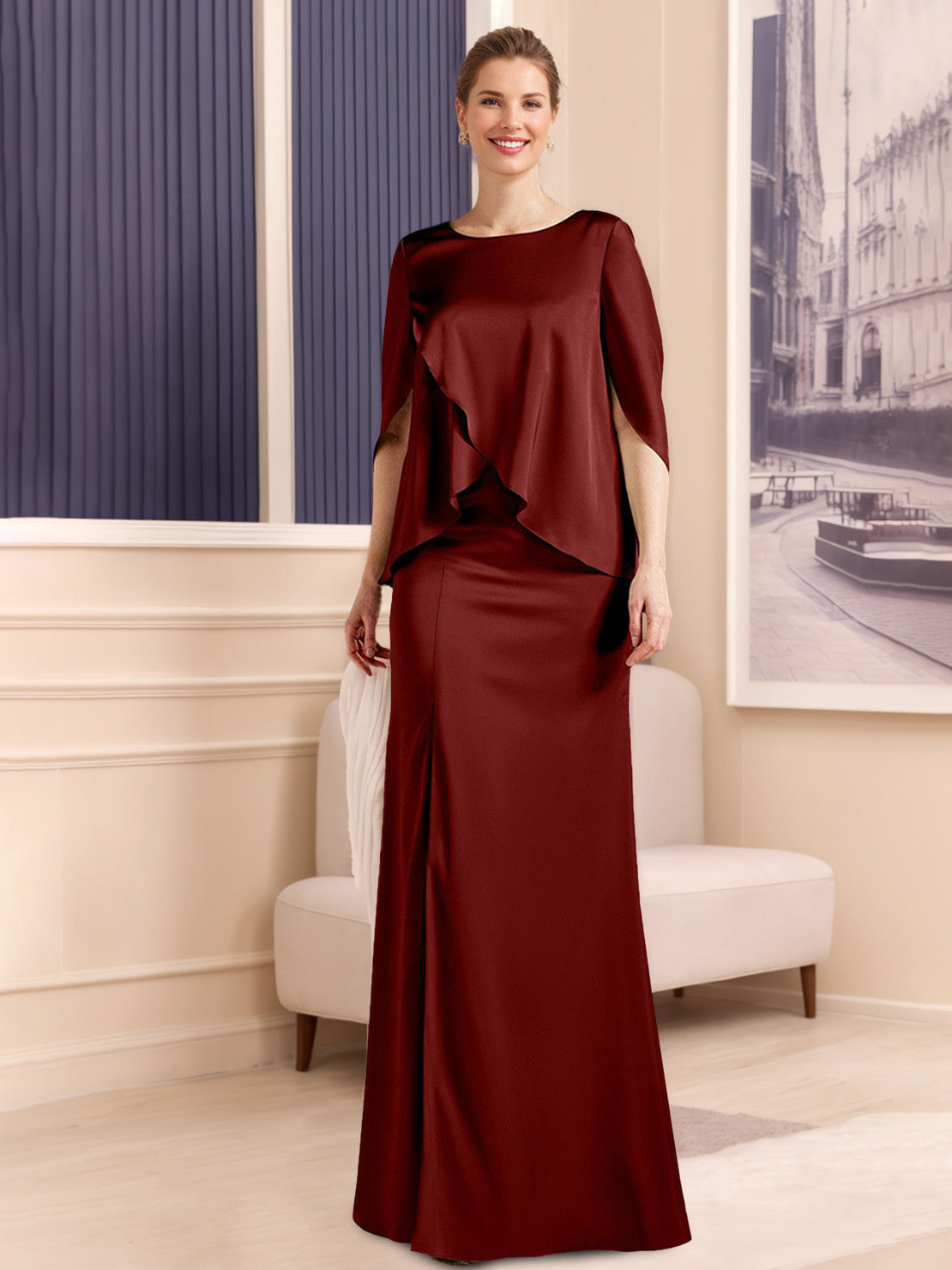 Scoop Neck Sheath Dress with Half Sleeves in Stretch Satin for Plus-Size Mothers