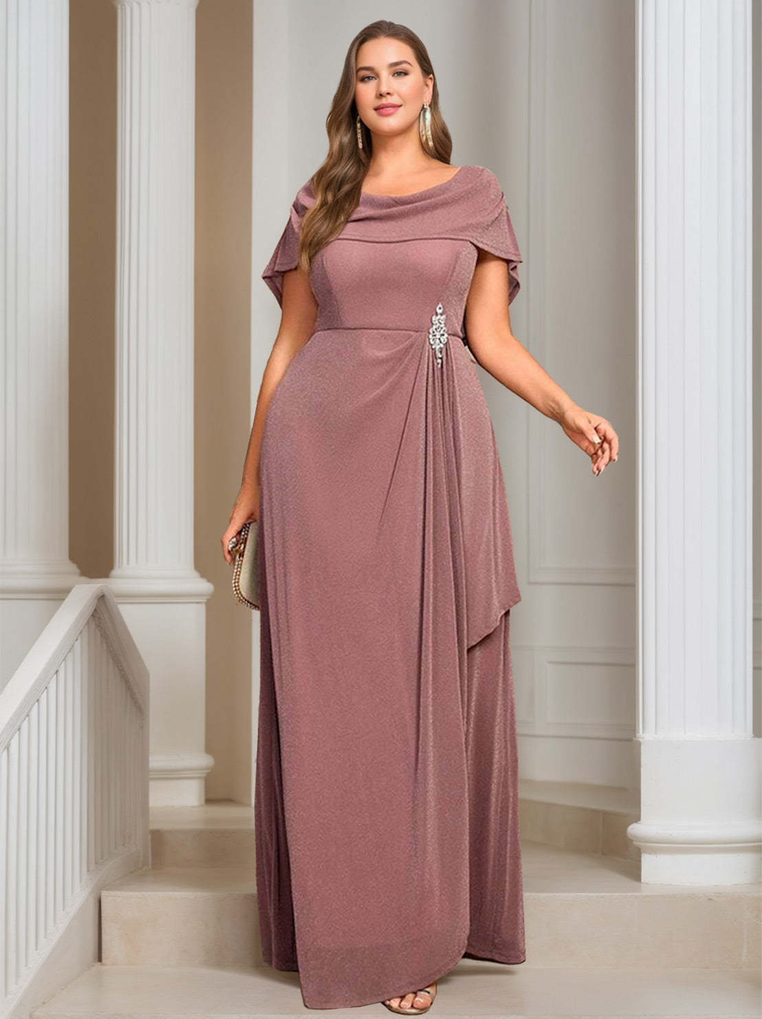 Plus Size Floor-length Mother of the Bride A-Line/Princess Dress with Scoop Neck Short Sleeves Ruffles & Sequins-BMbridal.UK