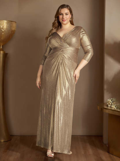 Princess A-Line V-Neck Floor-Length Plus Size Mother of the Bride Dress with 3/4 Sleeves and Ruffles