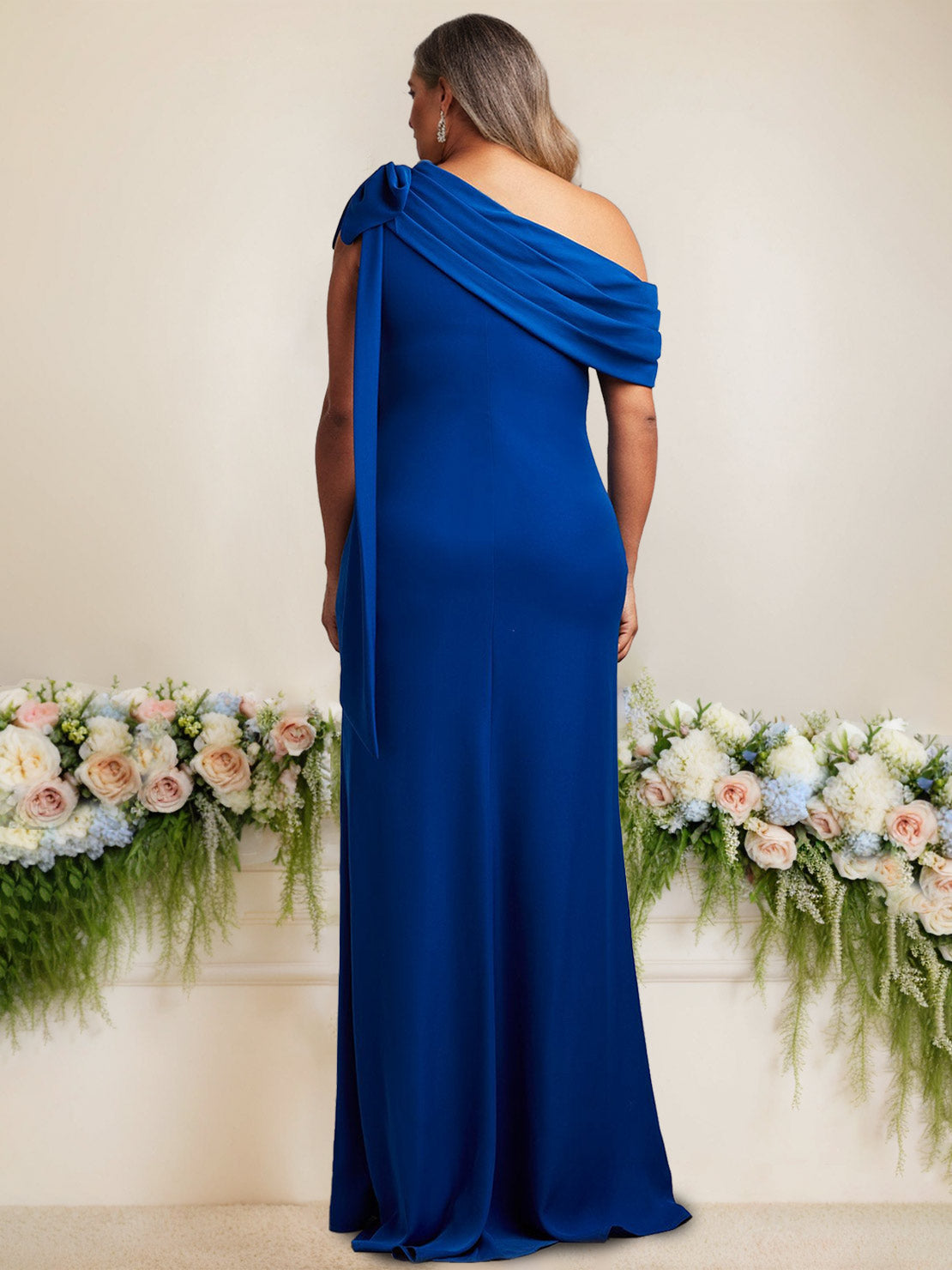 One-Shoulder Satin Floor-Length Plus Size Mother of the Bride Gown with Bow