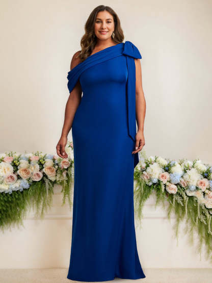 One-Shoulder Satin Floor-Length Plus Size Mother of the Bride Gown with Bow