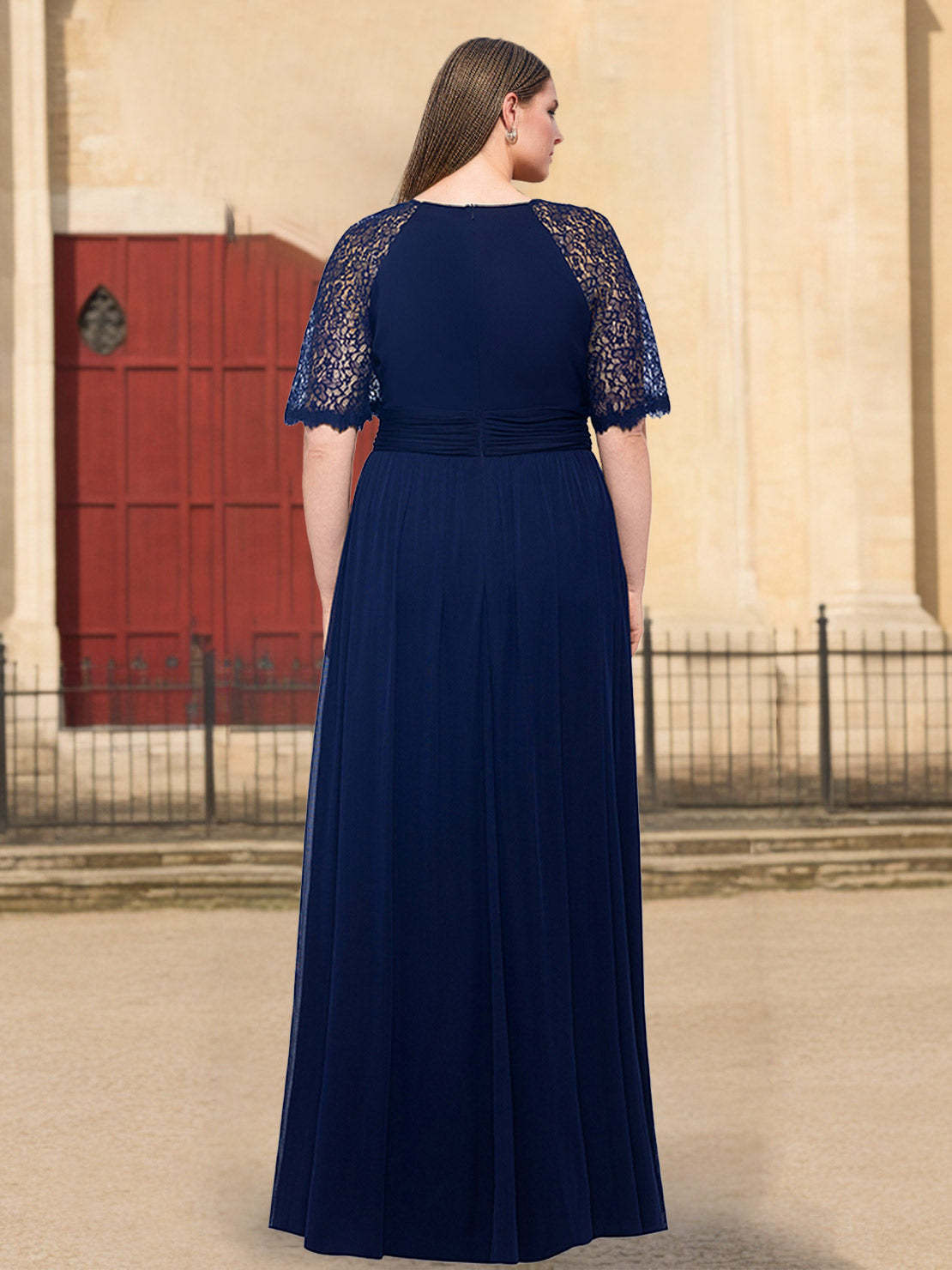Plus Size Floor-Length Mother of the Bride A-Line Dress with Scoop Neck Half Sleeves Ruffles and Lace-BMbridal.UK