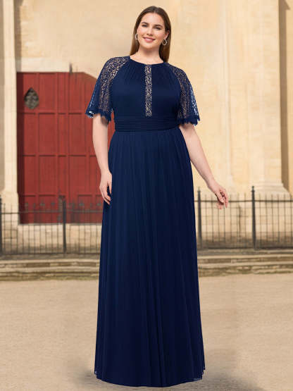 Plus Size Floor-Length Mother of the Bride A-Line Dress with Scoop Neck Half Sleeves Ruffles and Lace-BMbridal.UK