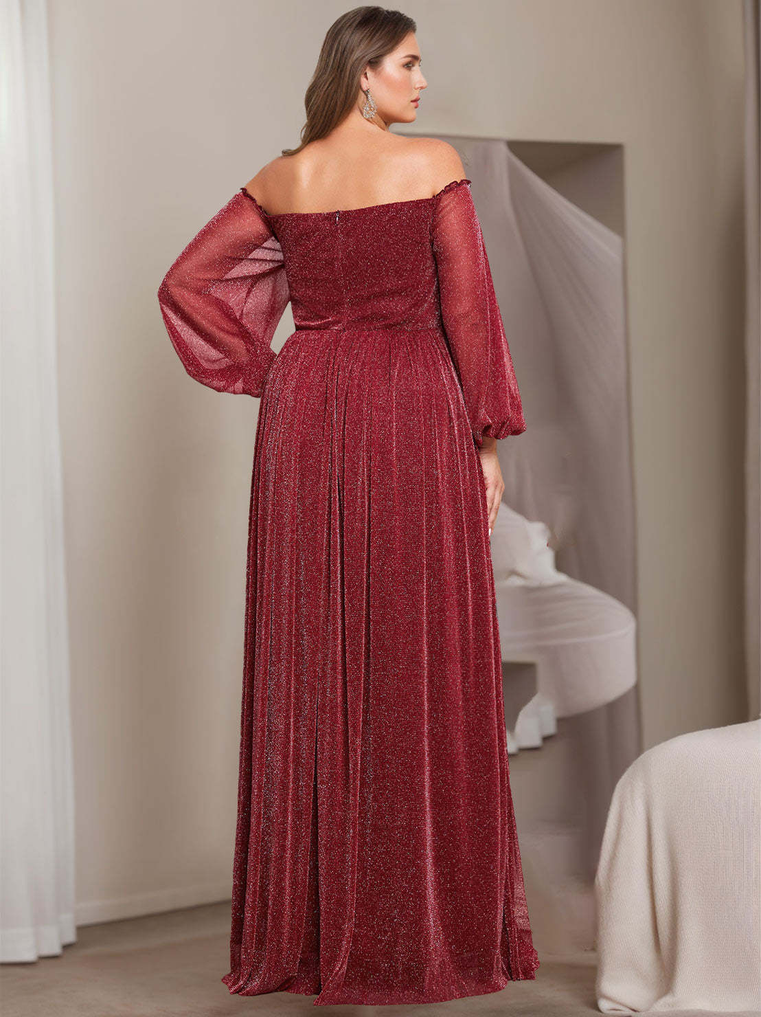 Princess A-Line Off-the-Shoulder Floor-Length Plus Size Mother of the Bride Dress with Long Sleeves and Ruffles-BMbridal.UK