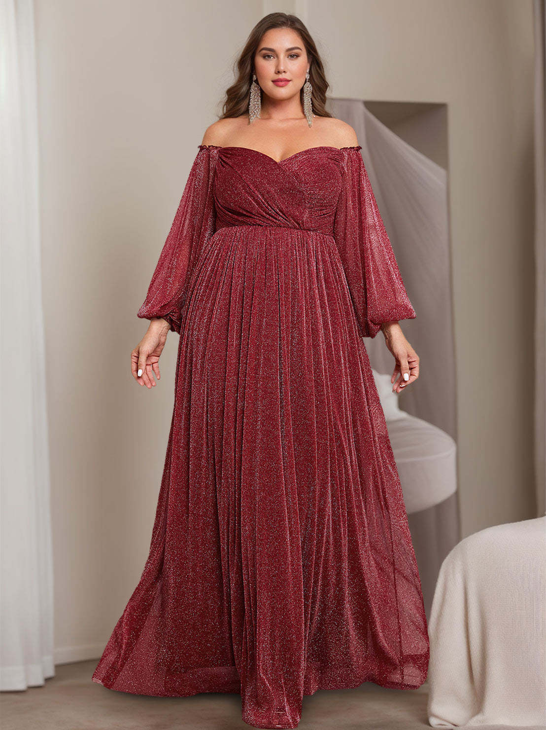 Princess A-Line Off-the-Shoulder Floor-Length Plus Size Mother of the Bride Dress with Long Sleeves and Ruffles-BMbridal.UK