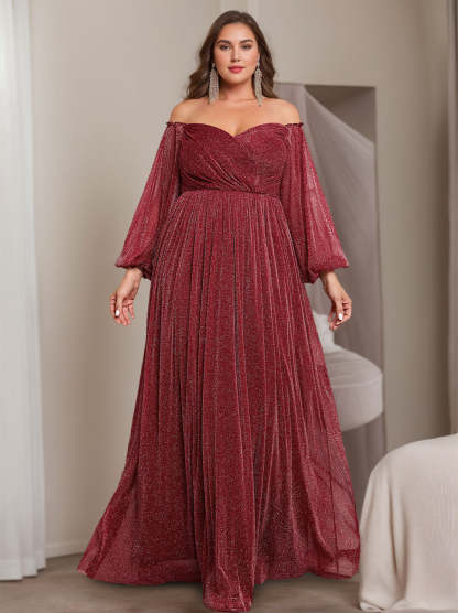 Princess A-Line Off-the-Shoulder Floor-Length Plus Size Mother of the Bride Dress with Long Sleeves and Ruffles-BMbridal.UK