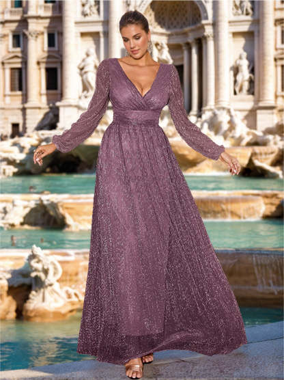 Plus Size V-Neck A-Line Princess Floor-Length Mother of the Bride/Groom Dress with Long Sleeves and Ruffles-BMbridal.UK