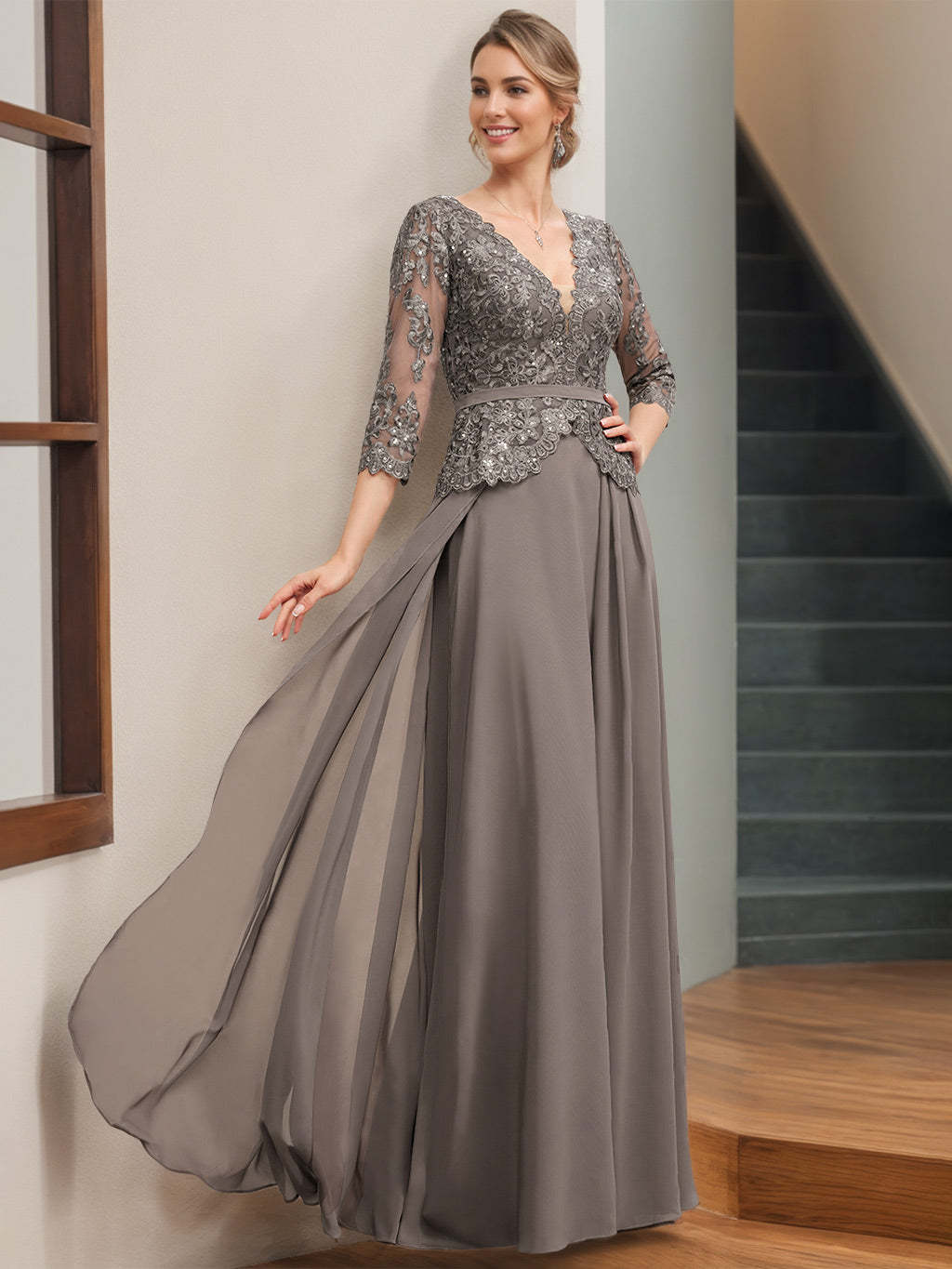 Princess A-Line V-Neck Floor-Length Mother of the Bride Dress with 3/4 Sleeves Appliques & Sequins