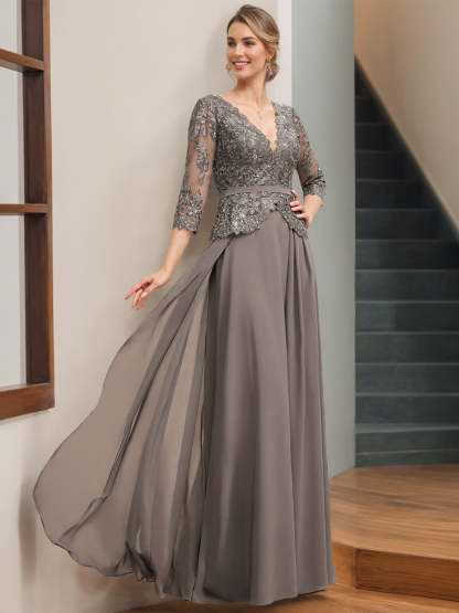 Princess A-Line V-Neck Floor-Length Mother of the Bride Dress with 3/4 Sleeves Appliques & Sequins