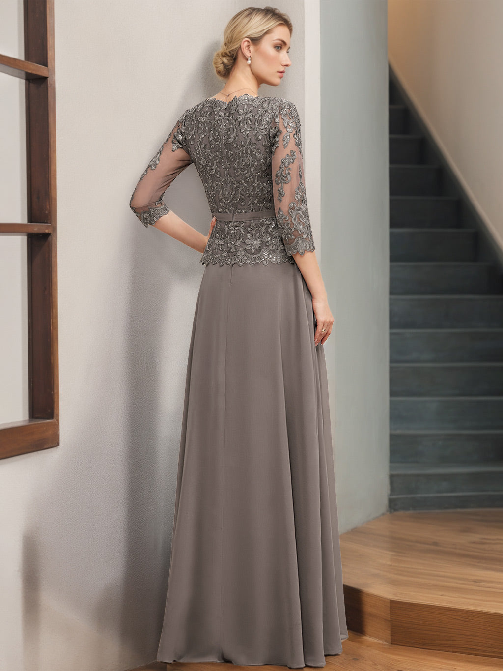Princess A-Line V-Neck Floor-Length Mother of the Bride Dress with 3/4 Sleeves Appliques & Sequins