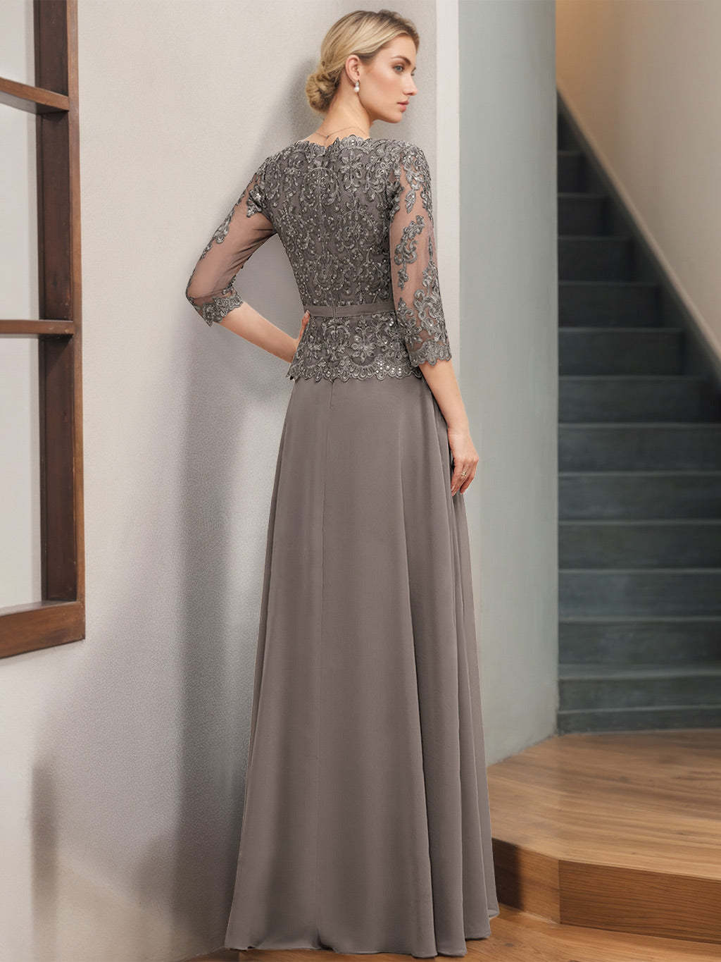 Princess A-Line V-Neck Floor-Length Mother of the Bride Dress with 3/4 Sleeves Appliques & Sequins